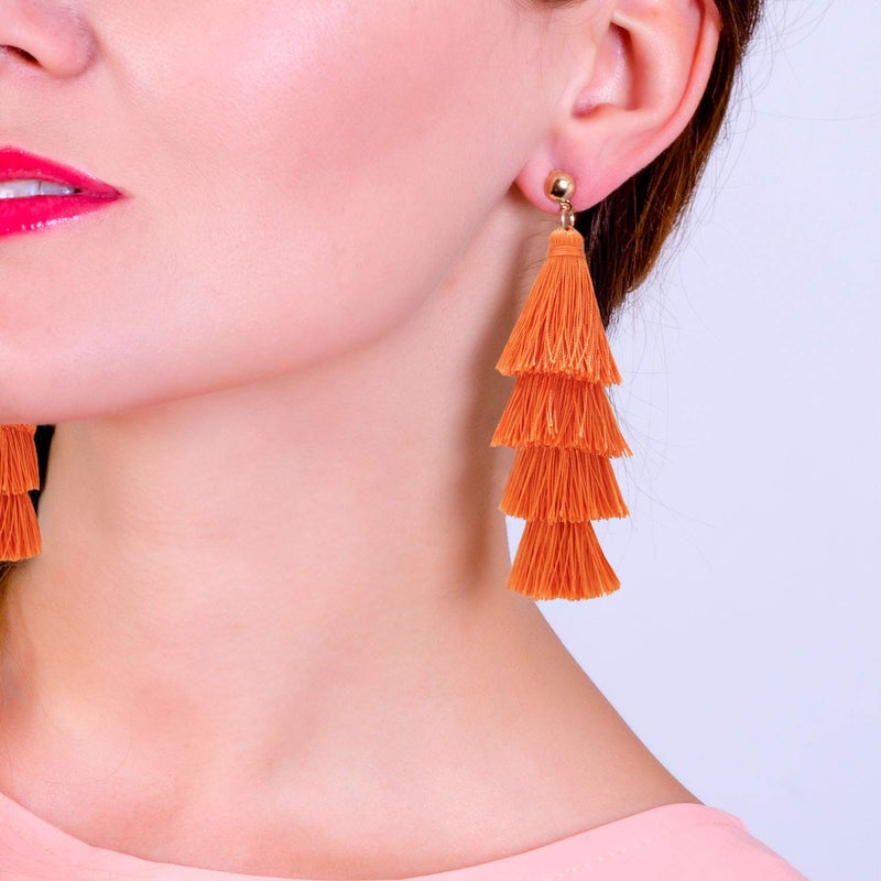 BaubleStar Fashion Tassel Dangle Earrings for Women Layered Long Bonita Tiered Russet Orange Thread Tassel Drop Statement Jewelry - Image 2